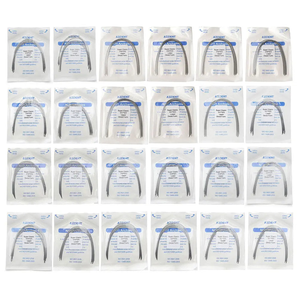 Multiple packages of Archwire Niti Super Elastic Ovoid Rectangular Full Size 10pcs/Pack displayed in rows, showing various dental orthodontic archwires in sealed plastic packaging with product details printed on each pack.