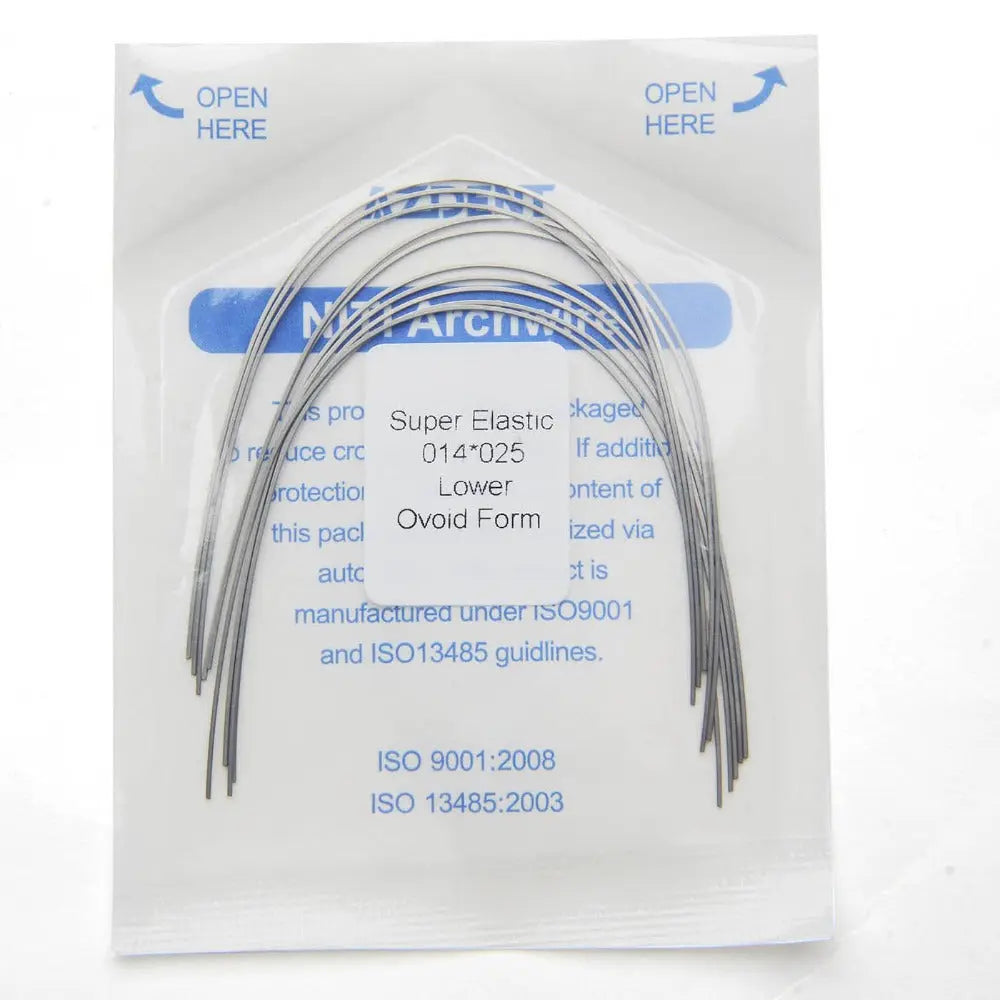 Archwire Niti Super Elastic Ovoid Rectangular Full Size 10pcs/Pack in sealed package. Curved metal wires visible through transparent packaging. Blue text indicating product details and specifications on white background. Medical-grade dental orthodontic supplies for professional use.