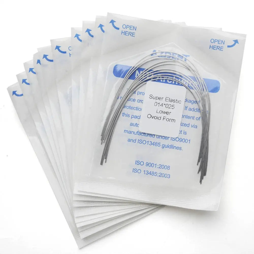 Archwire Niti Super Elastic Ovoid Rectangular Full Size 10pcs/Pack displayed in sealed, transparent packages with blue text. Multiple curved, silver orthodontic wires visible through packaging. Packages stacked, showing "OPEN HERE" instructions in blue.