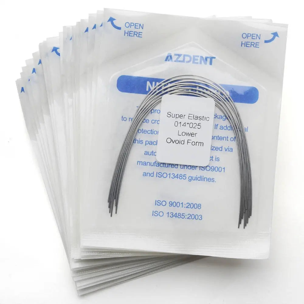 Archwire Niti Super Elastic Ovoid Rectangular Full Size 10pcs/Pack. Dental orthodontic archwires in sealed packages. Close-up of curved wire sample visible in transparent window. Product details and specifications printed on white packaging.