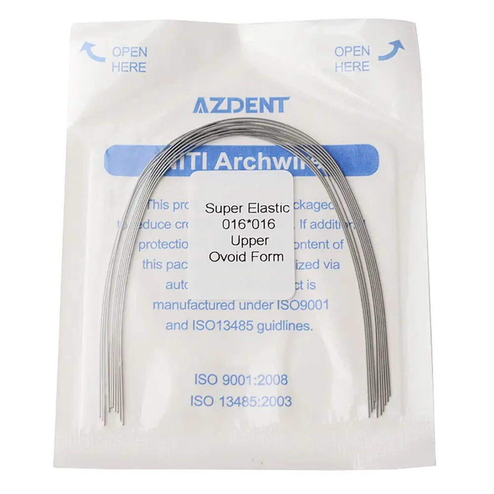 Archwire Niti Super Elastic Ovoid Rectangular Full Size 10pcs/Pack - AZDENT dental orthodontic archwire package displaying a super elastic NiTi archwire in ovoid form, with product details and ISO certification information visible on the packaging