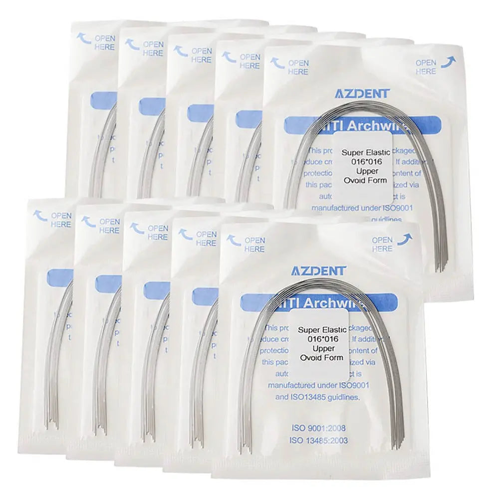 Archwire Niti Super Elastic Ovoid Rectangular Full Size 10pcs/Pack: Multiple sealed packages of dental orthodontic archwires displayed. Each package contains a curved, thin metal wire visible through a clear window. Product name and specifications printed on white packaging with blue accents.