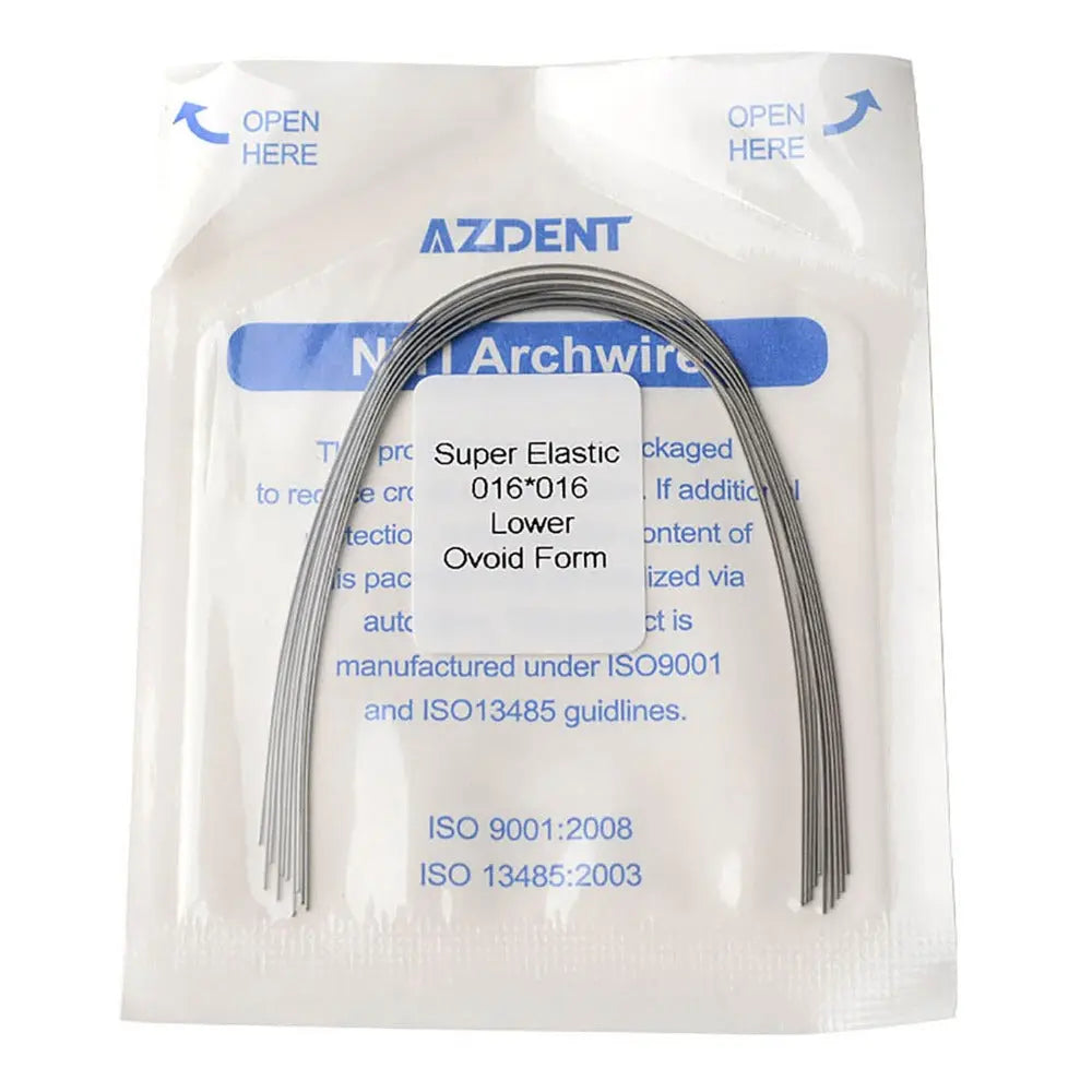 Archwire Niti Super Elastic Ovoid Rectangular Full Size 10pcs/Pack: Dental orthodontic archwire in sealed package. Curved metal wire visible through clear packaging with blue text. AZDENT brand, super elastic NiTi material, lower ovoid form, ISO certified.