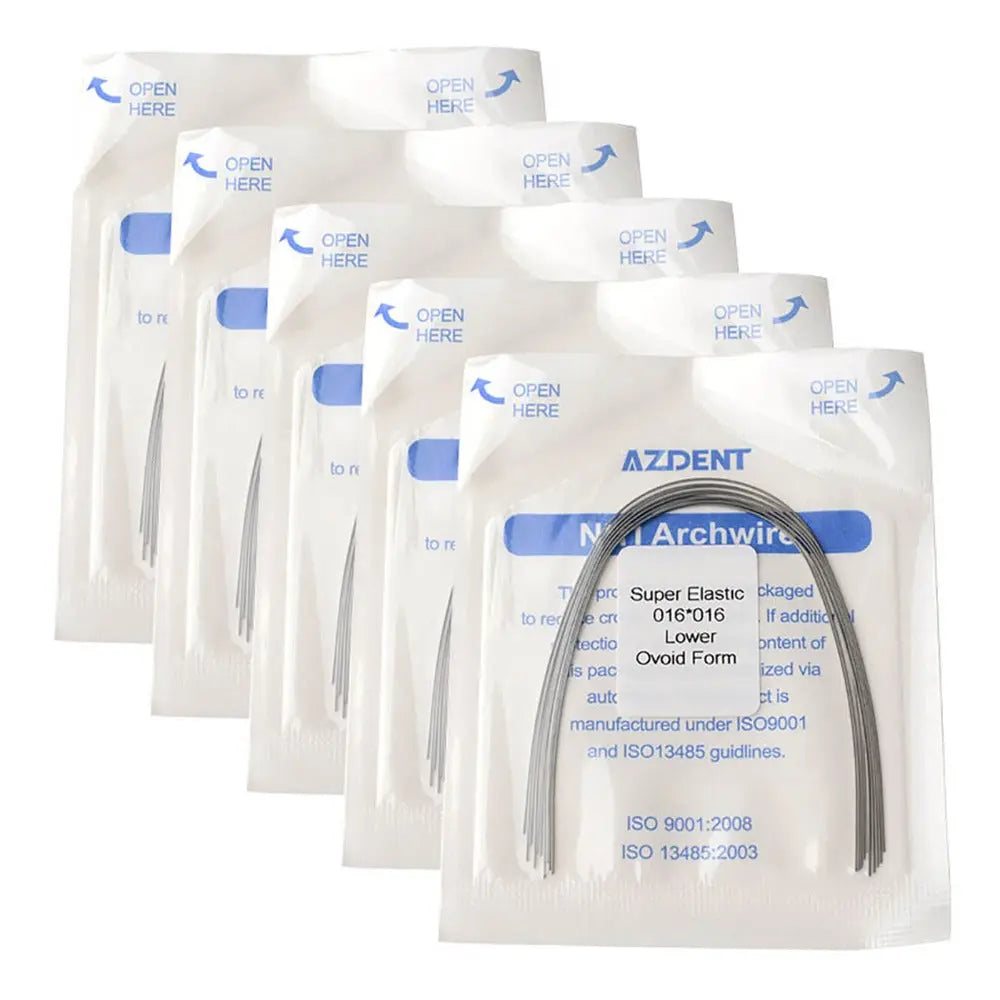 Five sealed packages of Archwire Niti Super Elastic Ovoid Rectangular Full Size 10pcs/Pack dental orthodontic wires, showing product name and 'Open Here' instructions on white pouches with blue text.