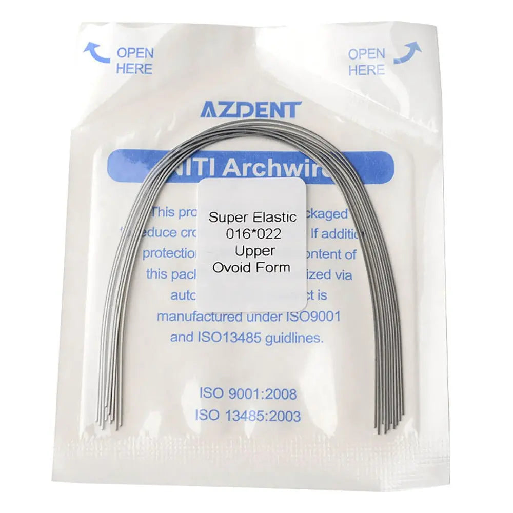 Archwire Niti Super Elastic Ovoid Rectangular Full Size 10pcs/Pack - AZDENT brand dental orthodontic archwire in sealed package, showing product details including size, form, and material specifications. ISO certifications visible.