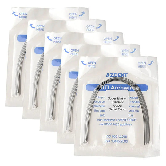 Archwire Niti Super Elastic Ovoid Rectangular Full Size 10pcs/Pack: Multiple sealed packages of dental orthodontic archwires, labeled AZDENT, with visible curved wire shapes inside. Packages feature blue text and "Open Here" instructions.