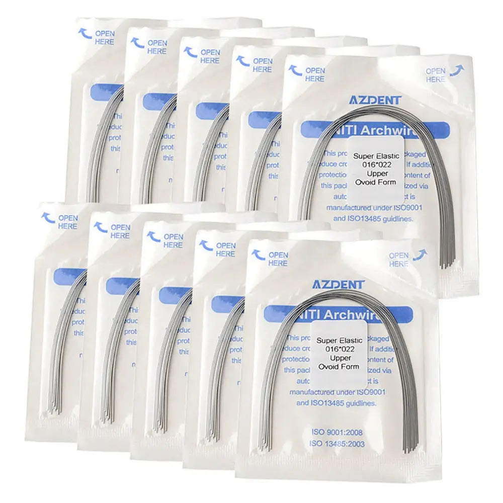 Archwire Niti Super Elastic Ovoid Rectangular Full Size 10pcs/Pack displayed in multiple sealed packages. Each package contains a curved dental archwire visible through the transparent packaging. The AZDENT brand name and product details are printed on the packages.