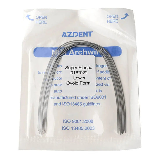 Archwire Niti Super Elastic Ovoid Rectangular Full Size 10pcs/Pack - Dental orthodontic AZDENT Super Elastic NiTi archwires in ovoid form, packaged in clear plastic with blue labeling. Multiple thin, curved metal wires visible inside the package.