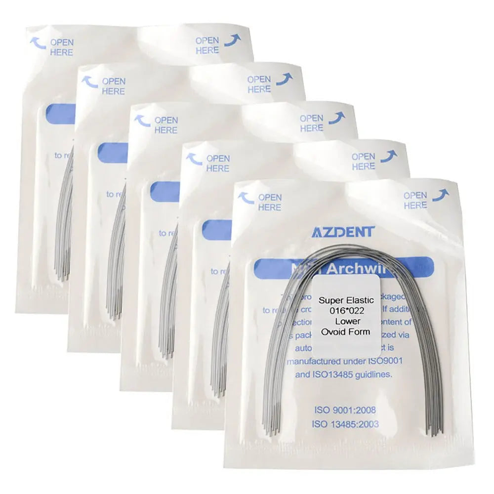 Archwire Niti Super Elastic Ovoid Rectangular Full Size 10pcs/Pack: Five sealed dental orthodontic archwire packages with visible wires inside. Blue text on white packaging indicates product details and opening instructions. Professional-grade orthodontic supplies for dental practices.