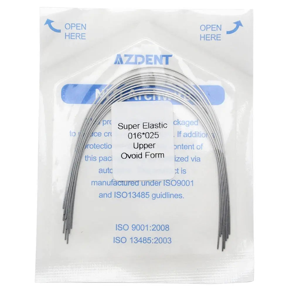 Archwire Niti Super Elastic Ovoid Rectangular Full Size 10pcs/Pack: Sealed package of AZDENT dental orthodontic archwires, super elastic, ovoid form, upper arch, size 016*025, ISO certified for quality assurance in orthodontic treatment.