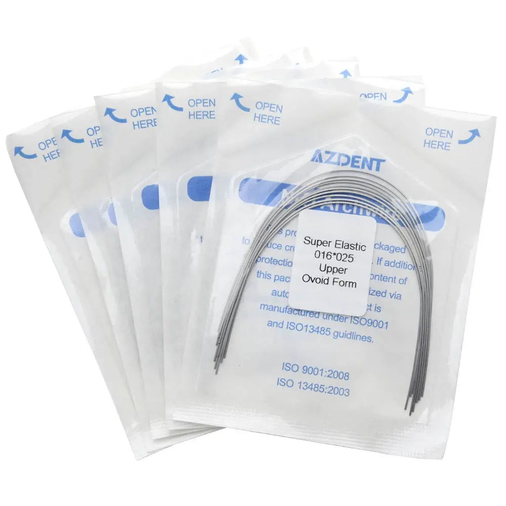 Archwire Niti Super Elastic Ovoid Rectangular Full Size 10pcs/Pack - Dental orthodontic archwires in sealed packages. Multiple transparent pouches with blue text visible. One pack opened to show curved metal wire inside. Product label visible with specifications.