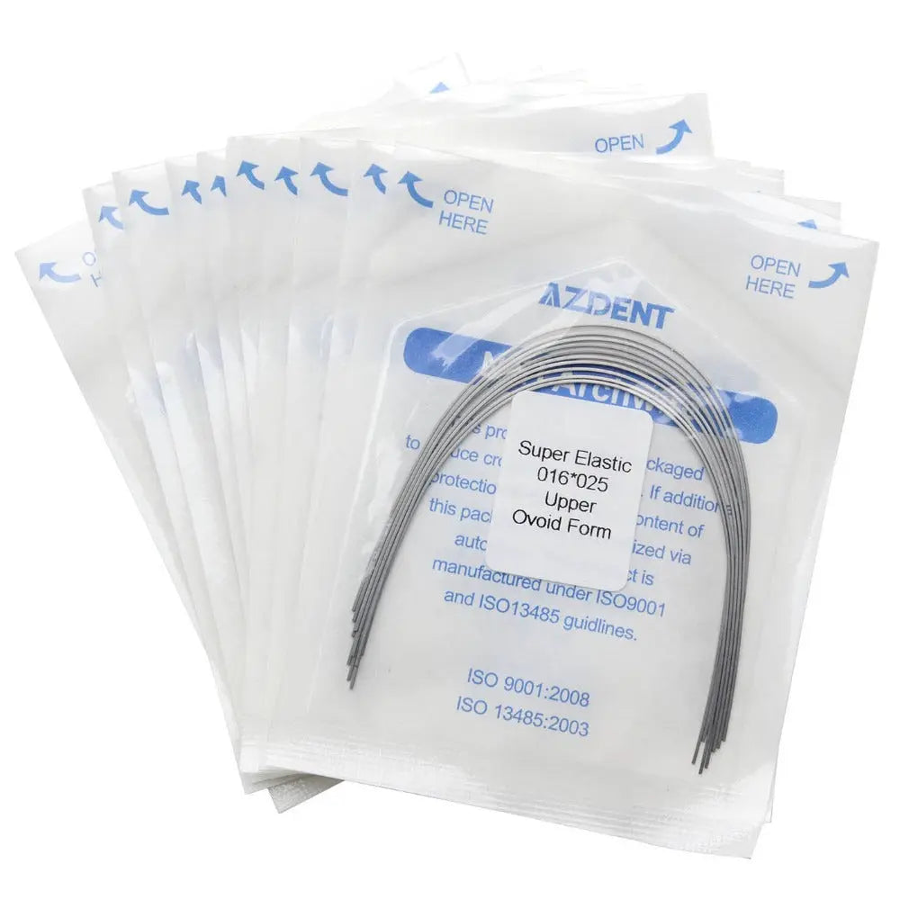 Archwire Niti Super Elastic Ovoid Rectangular Full Size 10pcs/Pack: Multiple sealed packages containing curved dental archwires, with visible product information and specifications printed on the packaging. The archwires are made of super elastic NiTi material for orthodontic use.