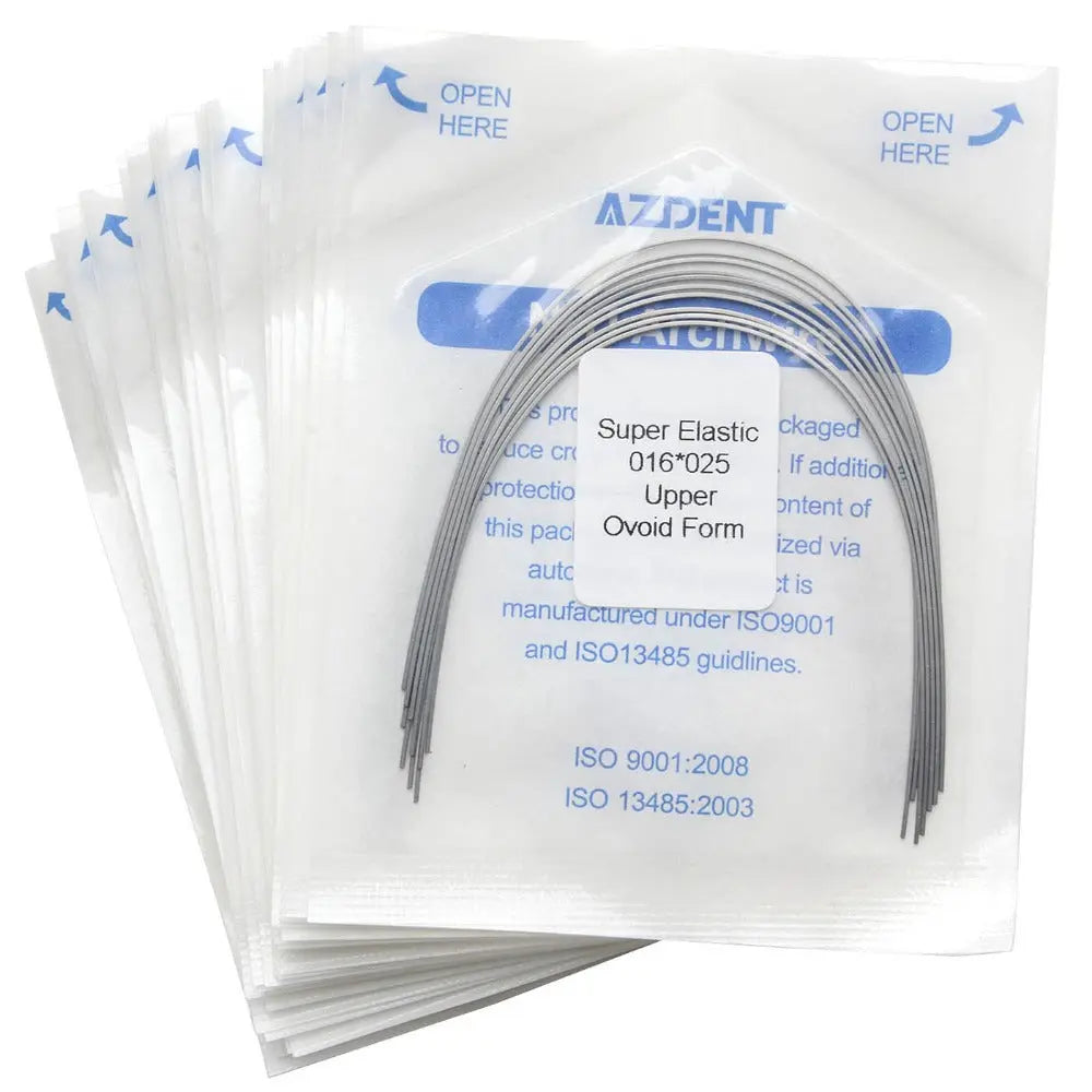 Archwire Niti Super Elastic Ovoid Rectangular Full Size 10pcs/Pack: Dental orthodontic archwires in sealed packages. Multiple white packets with blue text visible, containing curved metal wires. Product details printed on packets, including "Super Elastic" and "Upper Ovoid Form".