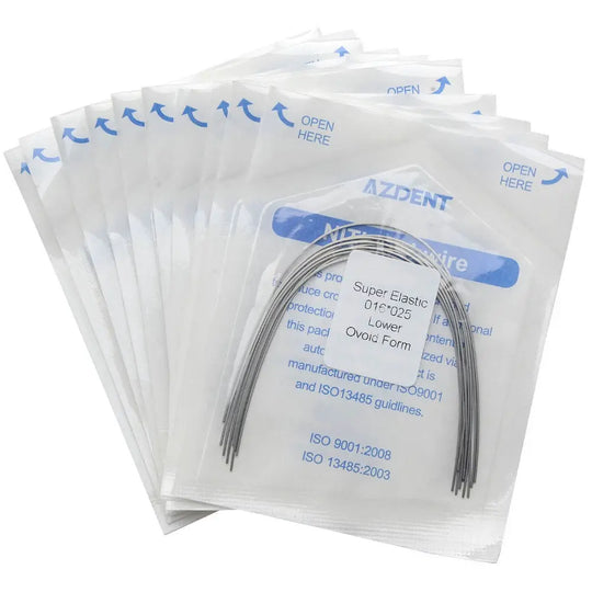 Archwire Niti Super Elastic Ovoid Rectangular Full Size 10pcs/Pack: Dental orthodontic archwires in sealed packages. Multiple transparent plastic pouches containing curved metal wires visible through packaging. Blue text on pouches indicating product details and opening instructions.