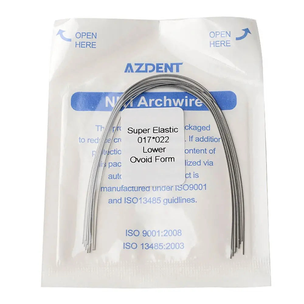 AZDENT Archwire Niti Super Elastic Ovoid Rectangular Full Size 10pcs/Pack in clear packaging. Dental orthodontic wire visible through transparent plastic, labeled with product details and ISO certifications. Blue text indicates size, elasticity, and lower arch form.