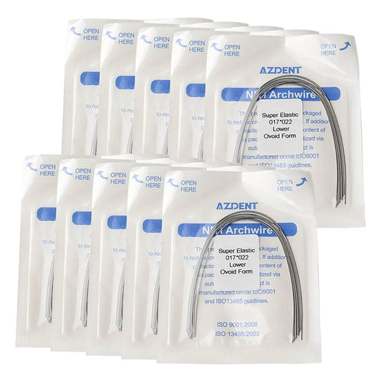 Ten sealed packages of Archwire Niti Super Elastic Ovoid Rectangular Full Size dental orthodontic wires, with one opened package displaying the curved archwire. Product name and details visible on packaging.