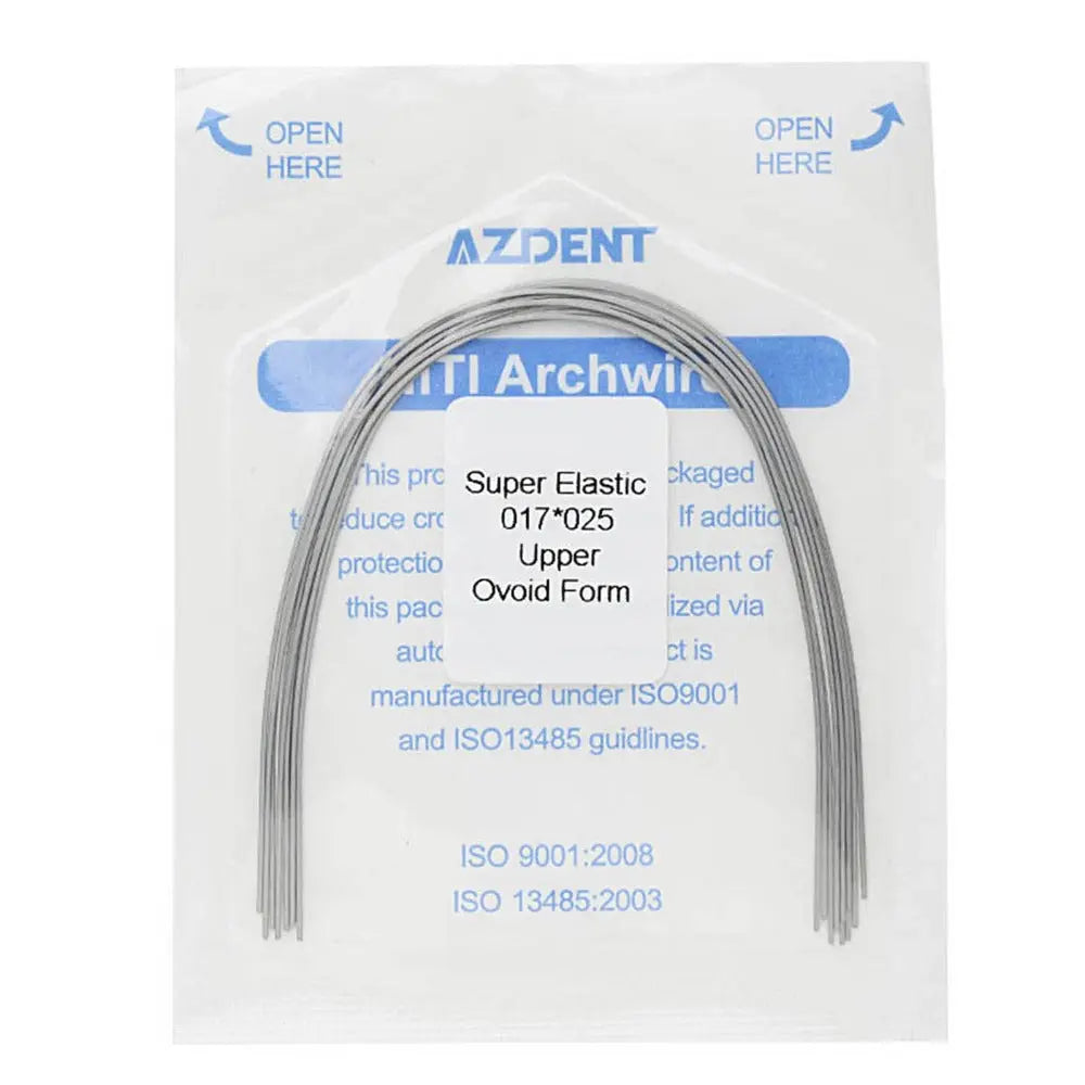 Archwire Niti Super Elastic Ovoid Rectangular Full Size 10pcs/Pack: Dental orthodontic archwire in sealed package, showing curved wire shape and product details including size, type, and certification information. AZDENT brand visible on packaging.