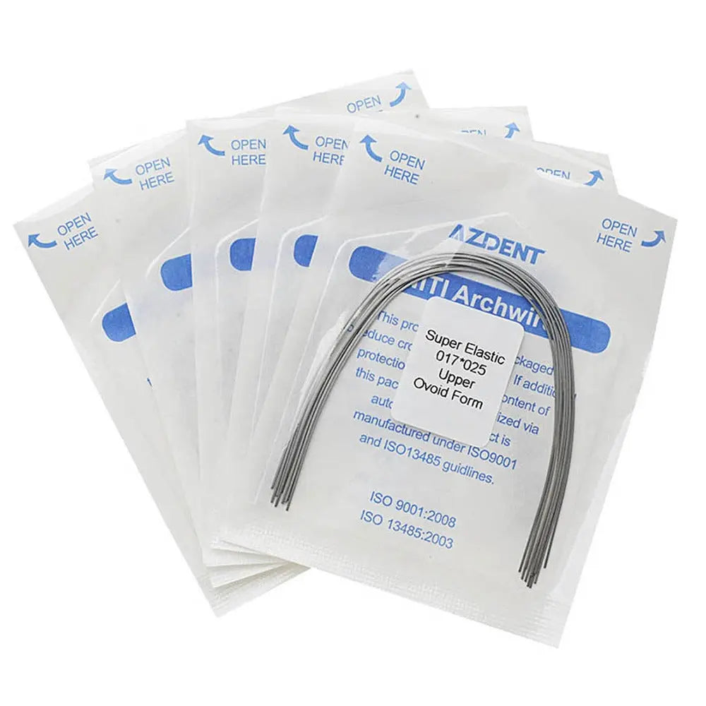 Archwire Niti Super Elastic Ovoid Rectangular Full Size 10pcs/Pack - Dental orthodontic archwires in sealed packages. Multiple white packets with blue text visible, containing curved metal wires for dental use. High-quality NiTi material for orthodontic treatments.