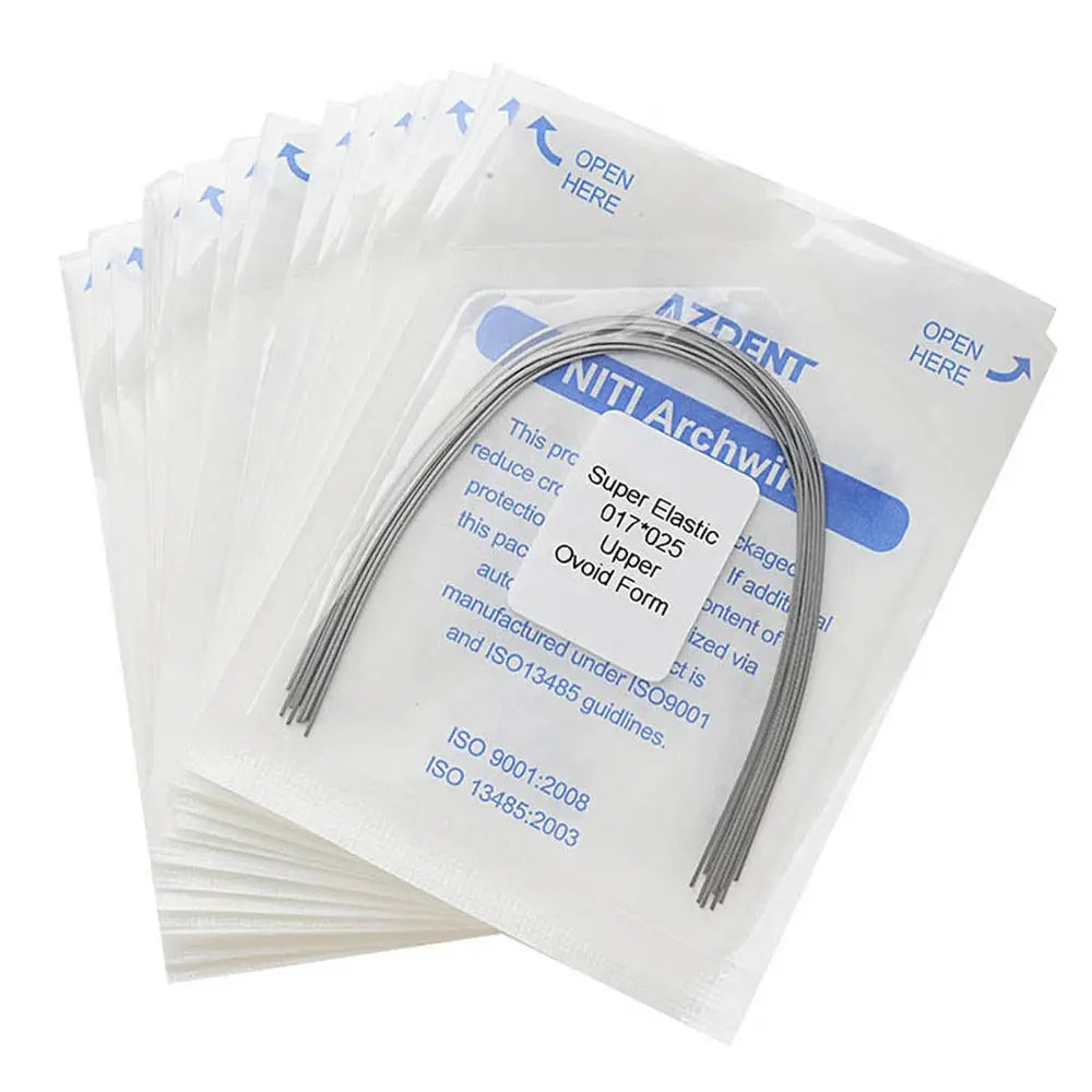 Archwire Niti Super Elastic Ovoid Rectangular Full Size 10pcs/Pack - Individually sealed dental orthodontic archwires in white packages with blue labels. Curved metal wires visible through transparent packaging. Multiple packs stacked together showing product quantity.