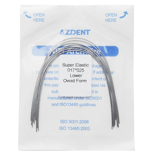 Archwire Niti Super Elastic Ovoid Rectangular Full Size 10pcs/Pack: Sealed package of AZDENT dental orthodontic archwires, displaying curved metal wires in ovoid form. Product details visible on package, including size and material specifications.