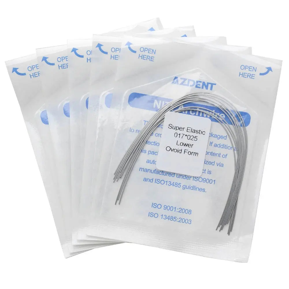 Archwire Niti Super Elastic Ovoid Rectangular Full Size 10pcs/Pack - Dental orthodontic archwires in sealed plastic packages, displaying curved silver wires and blue product information. Multiple packs shown, highlighting the quantity and professional-grade quality of the orthodontic supplies.