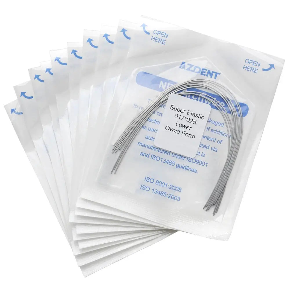 Archwire Niti Super Elastic Ovoid Rectangular Full Size 10pcs/Pack displayed in individual sterile packaging. Multiple sealed packets stacked, showing curved metal wires inside. Product details visible on packaging, including size and material information.