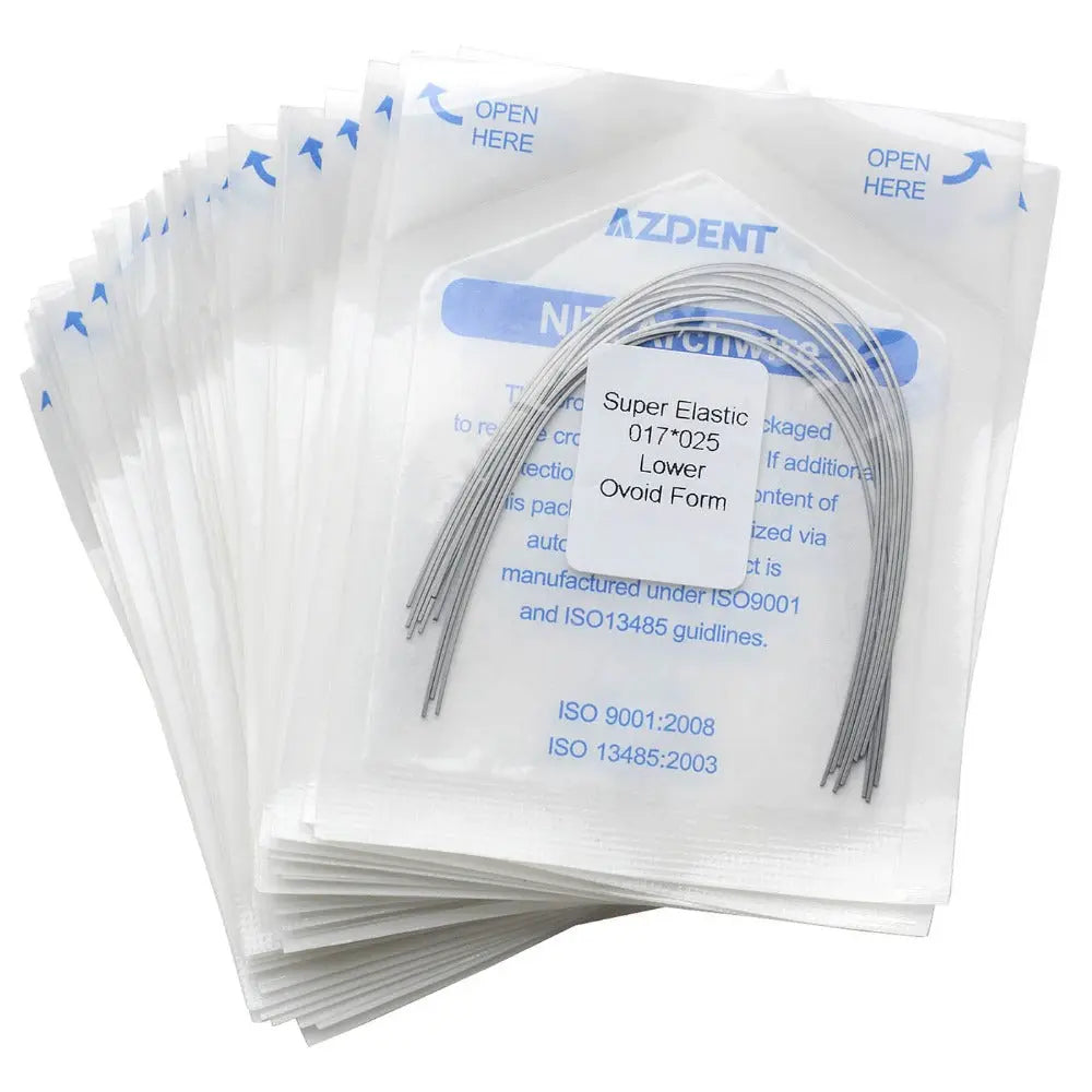 Archwire Niti Super Elastic Ovoid Rectangular Full Size 10pcs/Pack: Dental orthodontic archwires in sealed packages. Multiple white packets with blue text, containing curved metal wires visible through transparent windows. Product details printed on packaging.