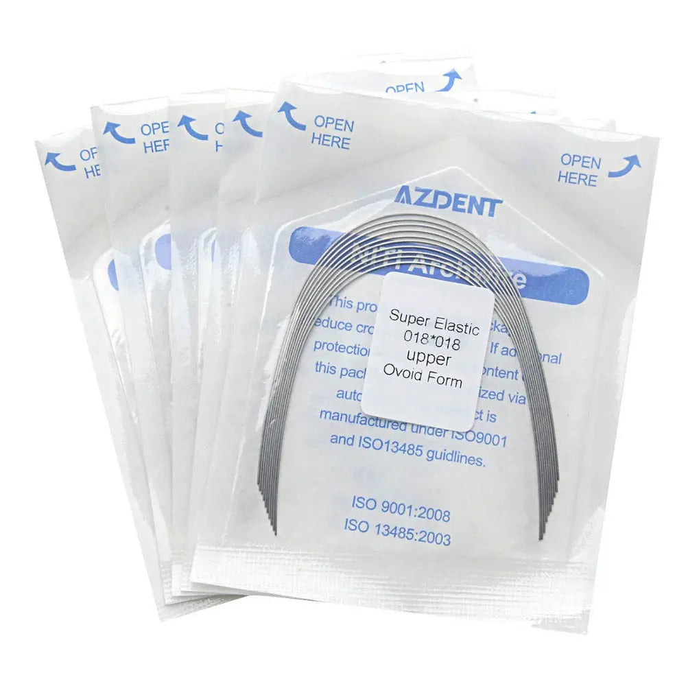 Archwire Niti Super Elastic Ovoid Rectangular Full Size 10pcs/Pack: Dental orthodontic archwires in sealed packages. Multiple transparent pouches with blue text visible, containing curved metal wires for orthodontic treatment. AZDENT brand name and product details printed on packaging.