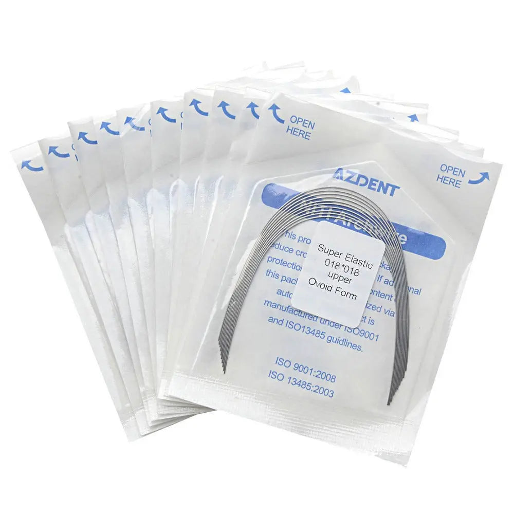 Archwire Niti Super Elastic Ovoid Rectangular Full Size 10pcs/Pack: Multiple sealed transparent packages containing curved dental archwires, with blue text visible on packaging. Packages are stacked and slightly fanned out to display product information.