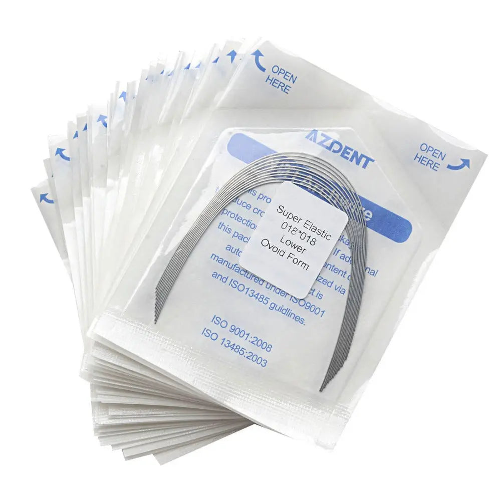 Archwire Niti Super Elastic Ovoid Rectangular Full Size 10pcs/Pack: Stack of sealed dental orthodontic archwire packages with visible curved wire inside. Blue text on white packaging shows product details and instructions.