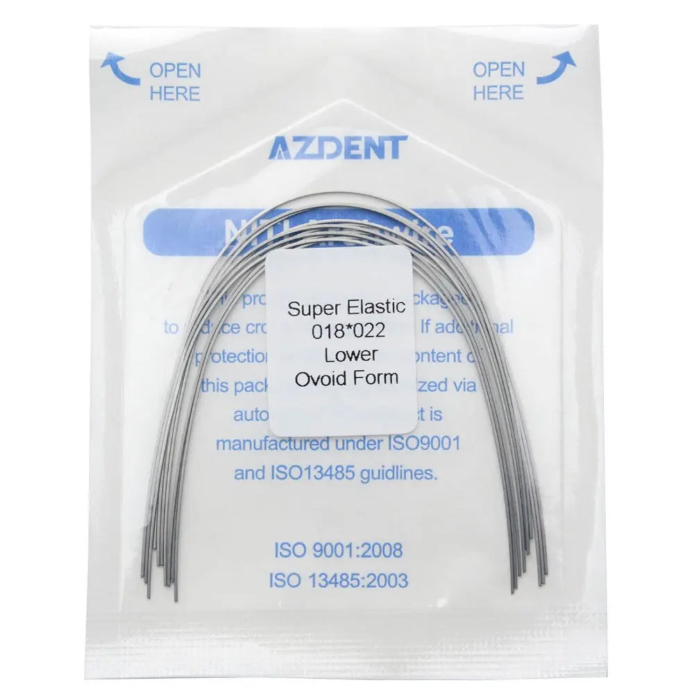 Archwire Niti Super Elastic Ovoid Rectangular Full Size 10pcs/Pack: Dental orthodontic archwires in sealed package. AZDENT brand, super elastic NiTi material, lower ovoid form, size 018*022. ISO certified product for orthodontic treatments.