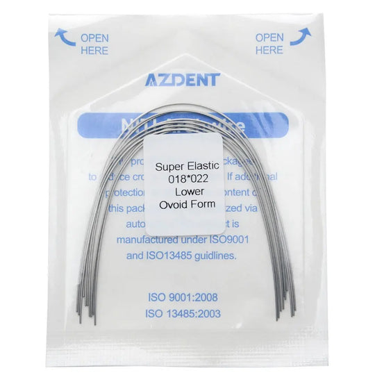 Archwire Niti Super Elastic Ovoid Rectangular Full Size 10pcs/Pack: Dental orthodontic archwires in sealed package. AZDENT brand, super elastic NiTi material, lower ovoid form, size 018*022. ISO certified product for orthodontic treatments.