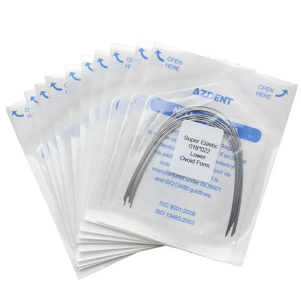 Archwire Niti Super Elastic Ovoid Rectangular Full Size 10pcs/Pack - Dental orthodontic archwires in sealed packages. Multiple white packets stacked, showing blue-printed labeling and curved metal wires visible through clear packaging.