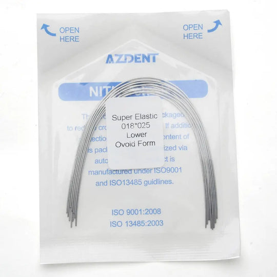 Archwire Niti Super Elastic Ovoid Rectangular Full Size 10pcs/Pack - Dental orthodontic archwire in sealed package. Clear plastic with blue text showing product details. Curved metal wire visible inside, demonstrating ovoid shape for lower dental arch.