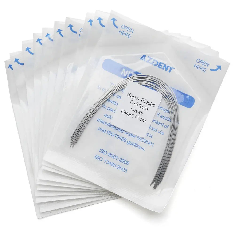 Archwire Niti Super Elastic Ovoid Rectangular Full Size 10pcs/Pack: Multiple sealed packages containing dental orthodontic archwires, displayed in a fanned arrangement. Each package shows product details and has blue "Open Here" arrows.