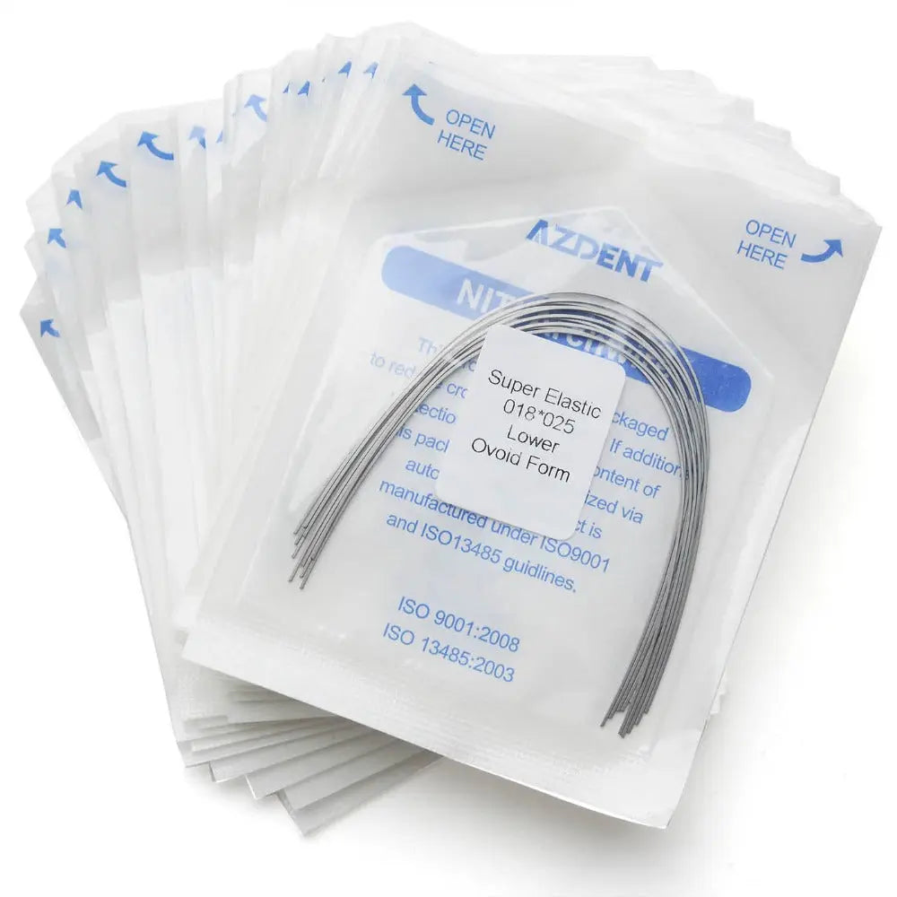 Archwire Niti Super Elastic Ovoid Rectangular Full Size 10pcs/Pack displayed in individual sealed packets. Multiple packets stacked, showing product details and ISO certification information. Dental orthodontic wire visible through transparent packaging.