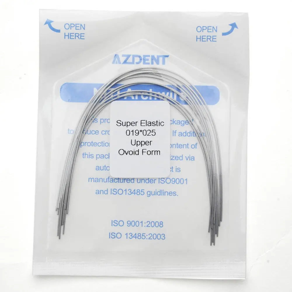 Archwire Niti Super Elastic Ovoid Rectangular Full Size 10pcs/Pack: Dental orthodontic archwires in sealed package, showing product details like "Super Elastic 019*025 Upper Ovoid Form" and ISO certifications. Multiple thin, curved metal wires visible inside transparent packaging.