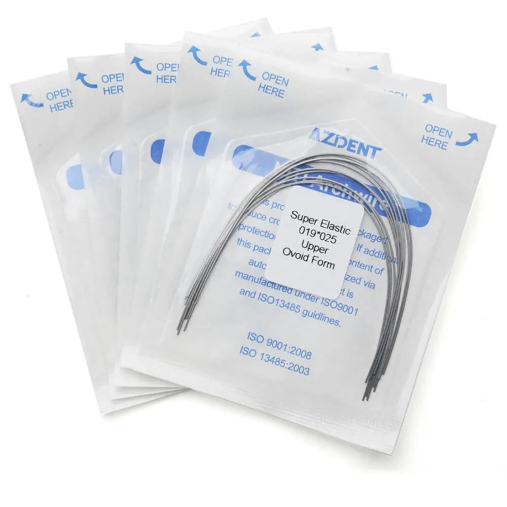 Multiple sealed packets of Archwire Niti Super Elastic Ovoid Rectangular Full Size 10pcs/Pack, displaying curved metal wires inside transparent packaging with blue text and "OPEN HERE" instructions visible on each packet.