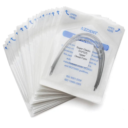 Archwire Niti Super Elastic Ovoid Rectangular Full Size 10pcs/Pack displayed in sealed packaging. Multiple white envelopes with blue text and arrows visible. Single archwire shown on top envelope, curved in ovoid shape, demonstrating product's form and material.