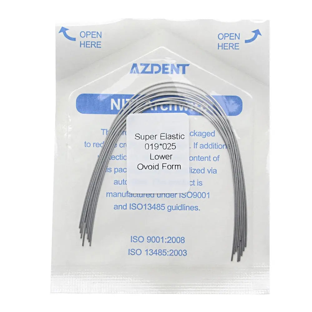 Archwire Niti Super Elastic Ovoid Rectangular Full Size 10pcs/Pack - Dental orthodontic archwires in sealed package, labeled 'AZDENT' with product details. Visible curved metal wires for lower teeth alignment, marked as super elastic and ISO certified.