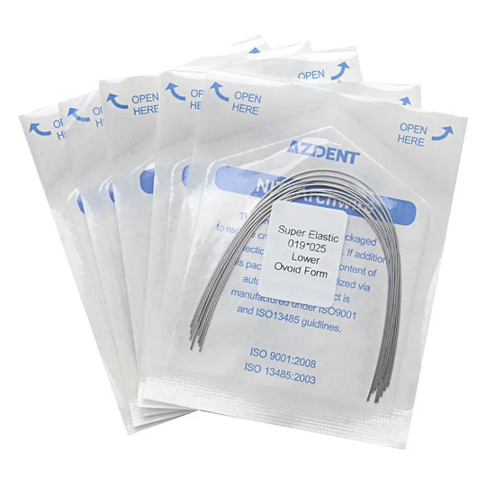 Archwire Niti Super Elastic Ovoid Rectangular Full Size 10pcs/Pack, sealed packets containing curved dental orthodontic wires. Multiple white packages with blue text visible, displaying product information and 'OPEN HERE' instructions. Curved metal wires visible through transparent window in packaging.