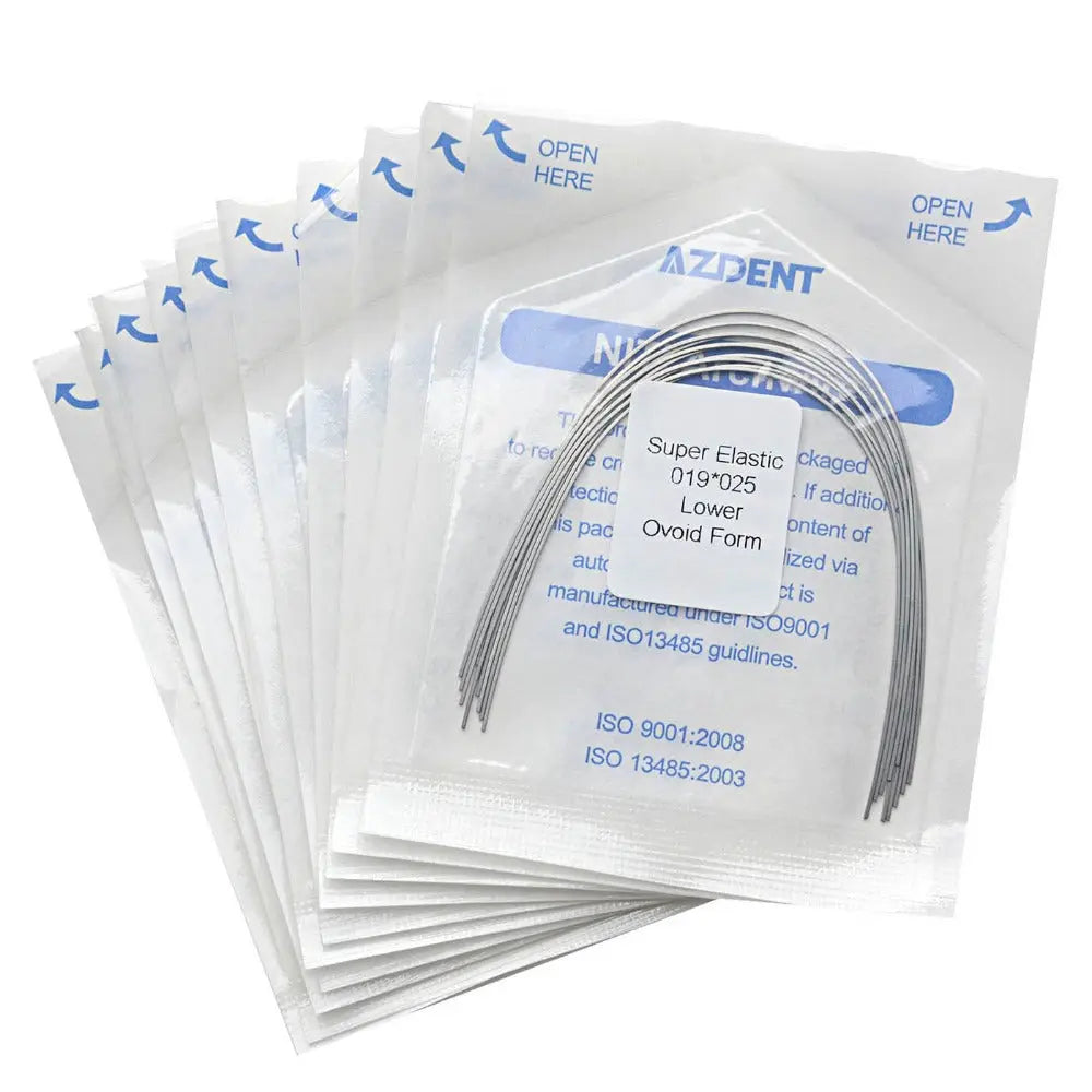 Archwire Niti Super Elastic Ovoid Rectangular Full Size 10pcs/Pack - Dental orthodontic archwires in sealed sterile packages. Multiple transparent plastic pouches with blue text and curved metal wires visible inside. Product details printed on packaging.