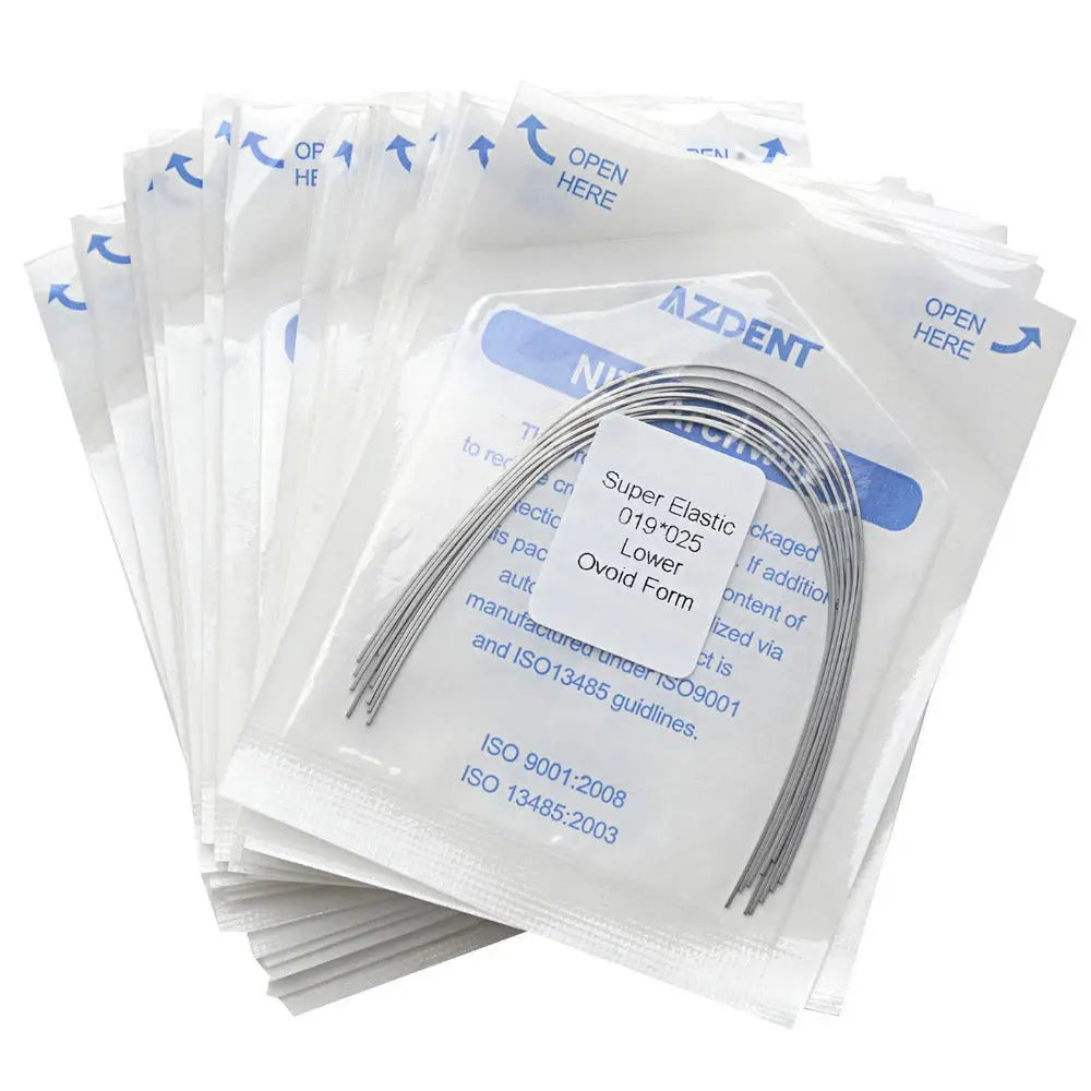 Archwire Niti Super Elastic Ovoid Rectangular Full Size 10pcs/Pack: Dental orthodontic archwires in sealed packages. Multiple white packets with blue text visible, containing curved metal wires for orthodontic use. Product information printed on packets.