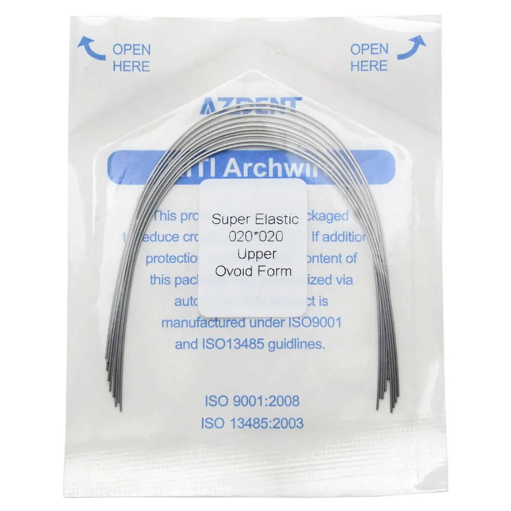 Archwire Niti Super Elastic Ovoid Rectangular Full Size 10pcs/Pack in sealed package. Curved metal wires visible through clear packaging. Blue text on white background with product details and ISO certifications. Dental orthodontic supplies for professional use.