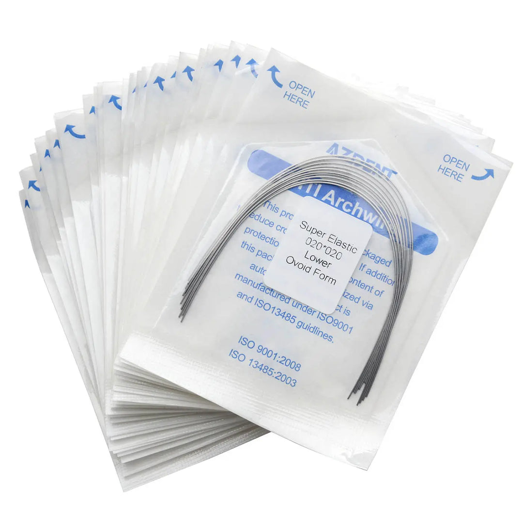 Archwire Niti Super Elastic Ovoid Rectangular Full Size 10pcs/Pack displayed in individually sealed packages. Multiple transparent pouches stacked, showing curved metal wires inside. Blue text visible on packaging, indicating product details and specifications.