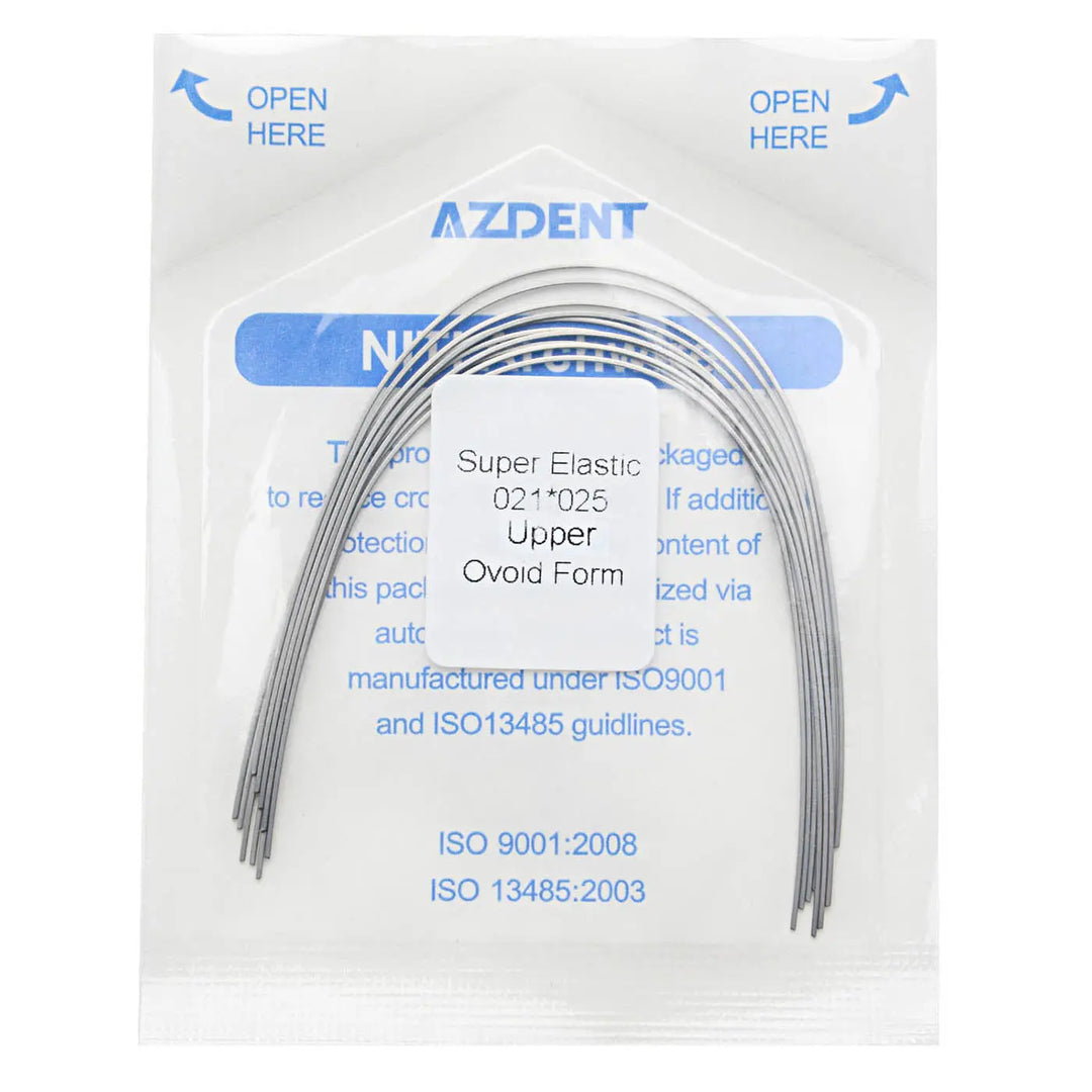 Archwire Niti Super Elastic Ovoid Rectangular Full Size 10pcs/Pack - Dental orthodontic archwires in sealed package, showing curved metal wires and product details including size, elasticity, and upper ovoid form. AZDENT brand visible on packaging.