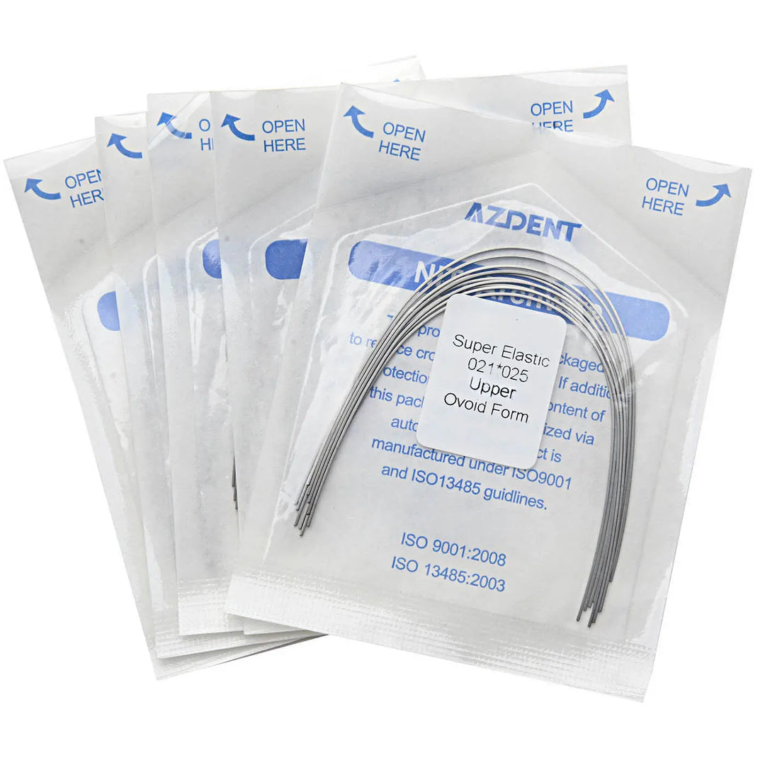 Archwire Niti Super Elastic Ovoid Rectangular Full Size 10pcs/Pack: Dental orthodontic archwires in sealed packages. Multiple white packets with blue text visible, containing curved metal wires for dental procedures. Product details printed on packaging.