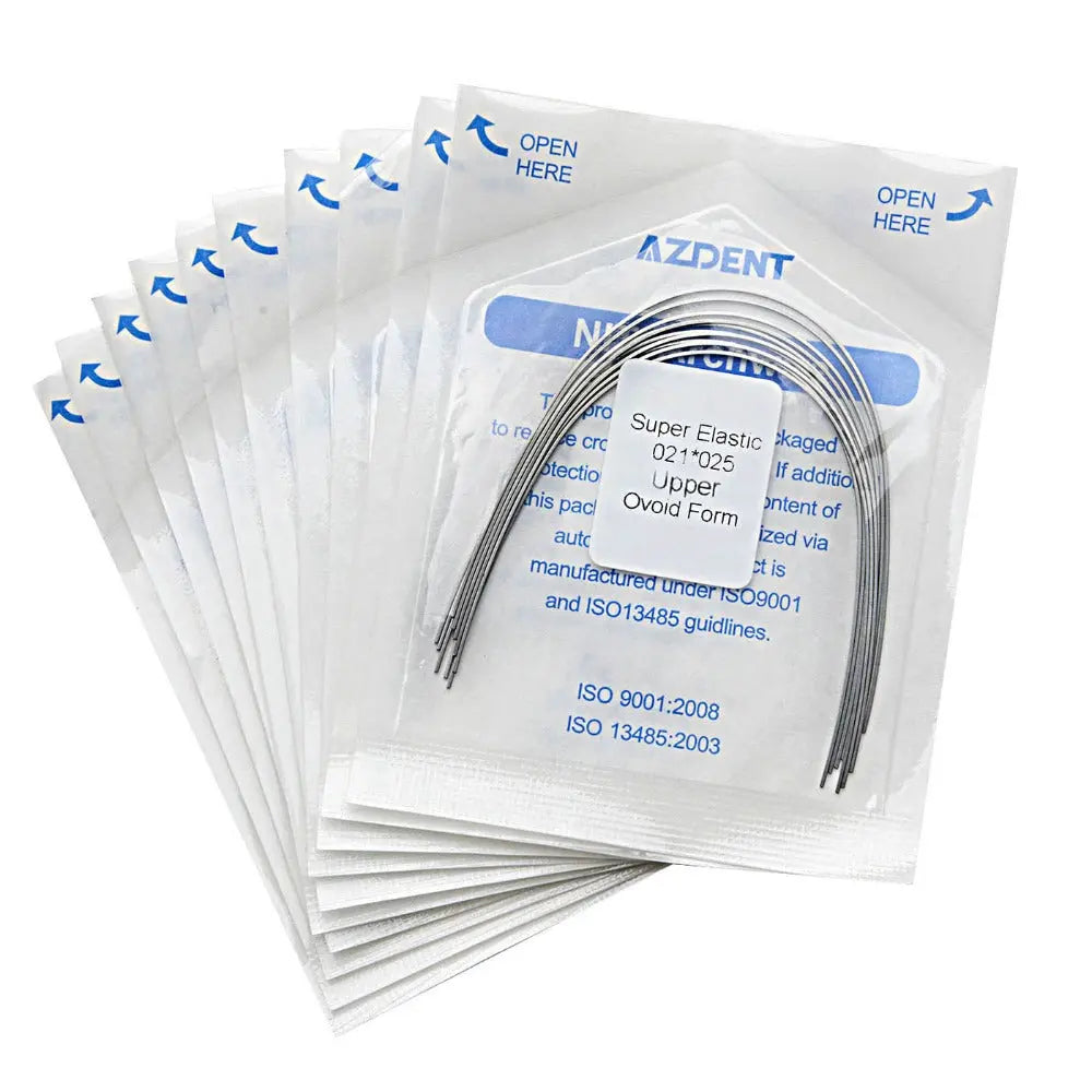 Archwire Niti Super Elastic Ovoid Rectangular Full Size 10pcs/Pack - Multiple sealed packages of dental orthodontic archwires stacked together, with one open package displaying a curved metal wire. Blue text on white packaging indicates product details and opening instructions.