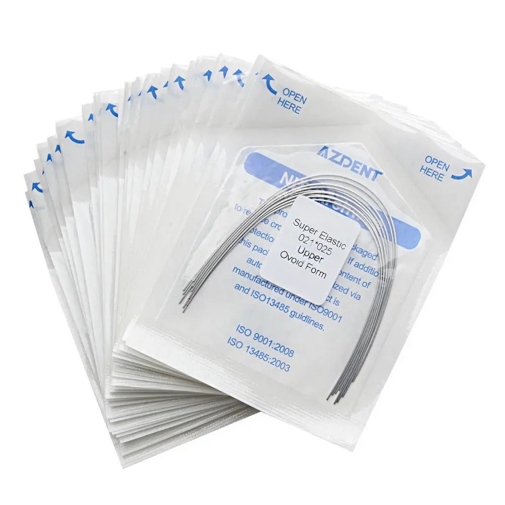 Archwire Niti Super Elastic Ovoid Rectangular Full Size 10pcs/Pack: Dental orthodontic archwires in sealed sterile packaging, displaying curved wire samples and product information. Multiple packages stacked, showing consistent quality and quantity for professional dental use.