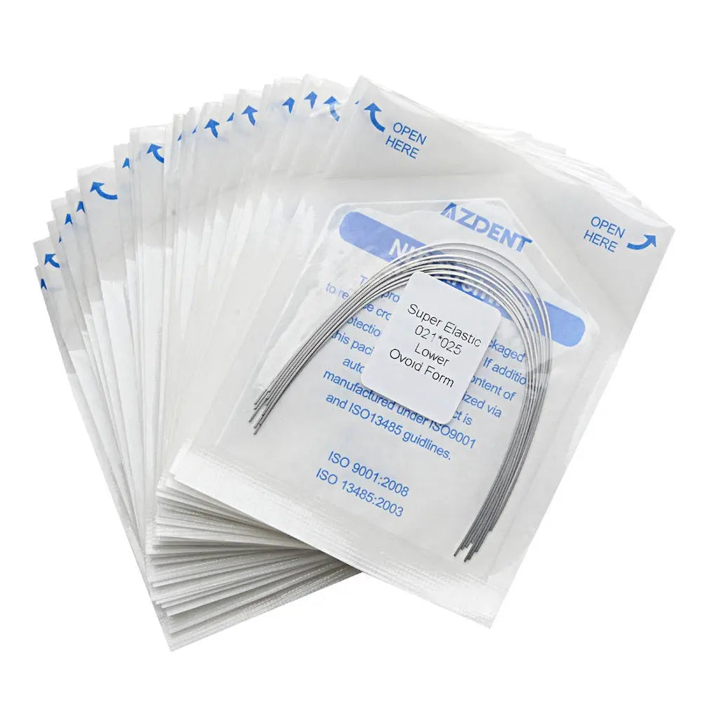 Archwire Niti Super Elastic Ovoid Rectangular Full Size 10pcs/Pack: Dental orthodontic archwires in sealed packages. Multiple transparent pouches containing curved metal wires visible. Blue text on pouches indicates product details and opening instructions.